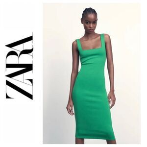 NWT Zara Squared Neckline Wide Straps Bodycon Midi Dress in Green, Size Small